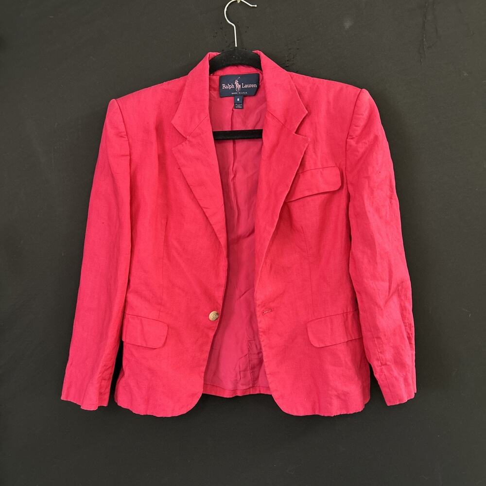 Women’s Ralph Lauren Vintage Pink Jacket Blazer Collared 1-button 100% Linen 12P